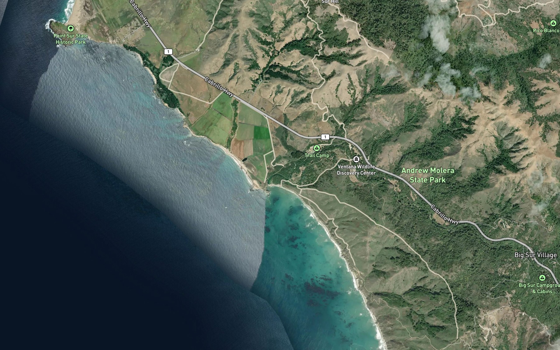 Satellite map of the Big Sur River