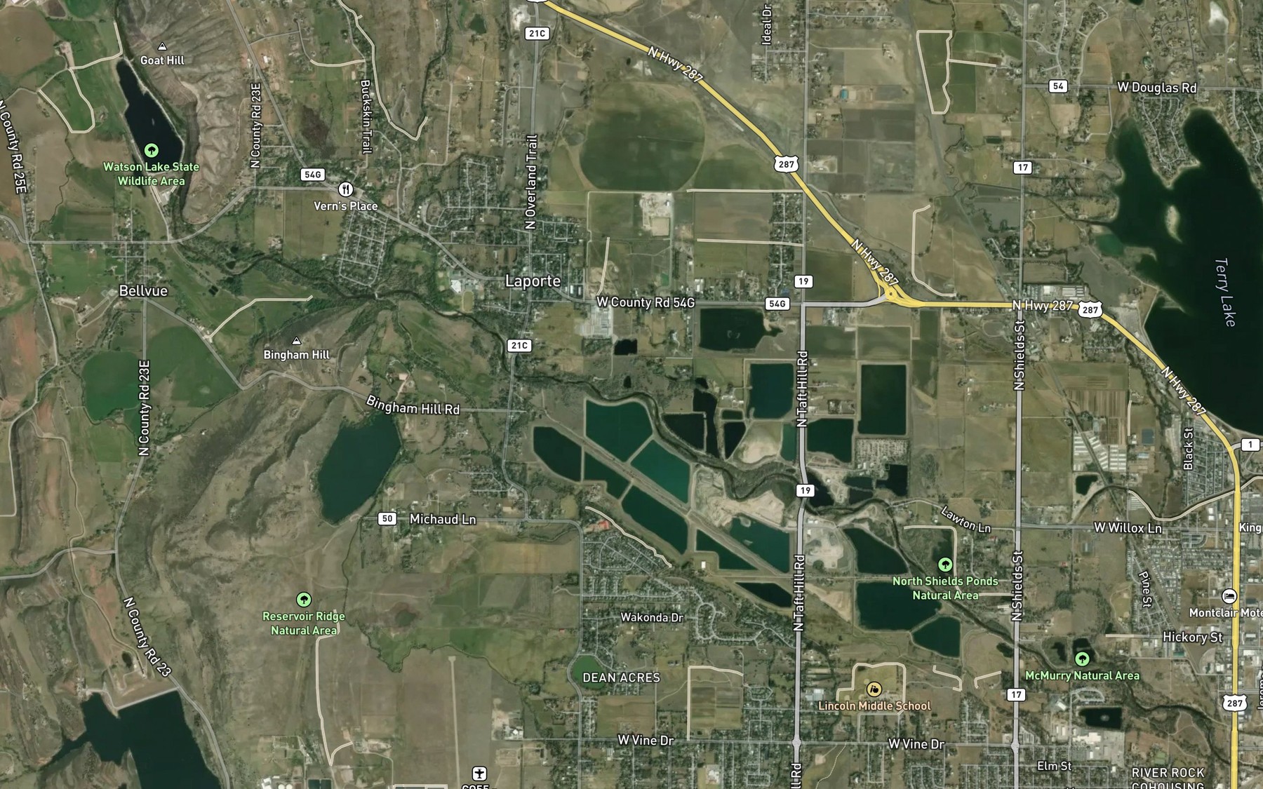 Satellite map of the Cache la Poudre River