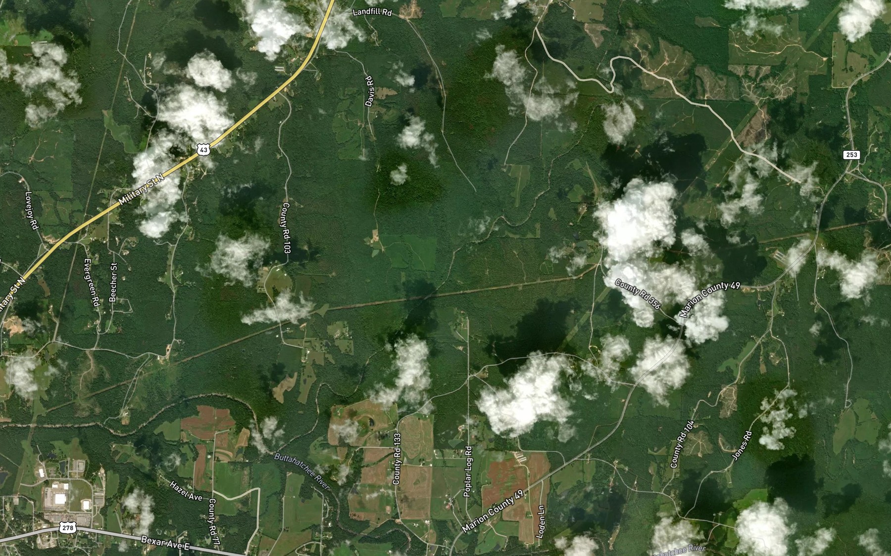 Satellite map of the Toms Den Branch