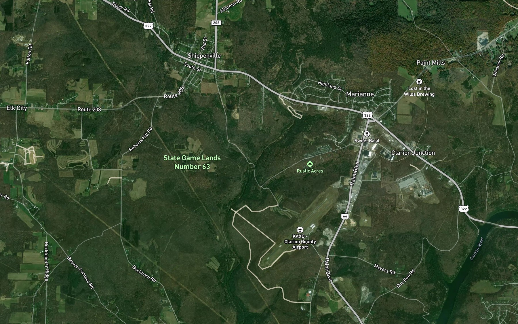 Satellite map of the Paint Creek