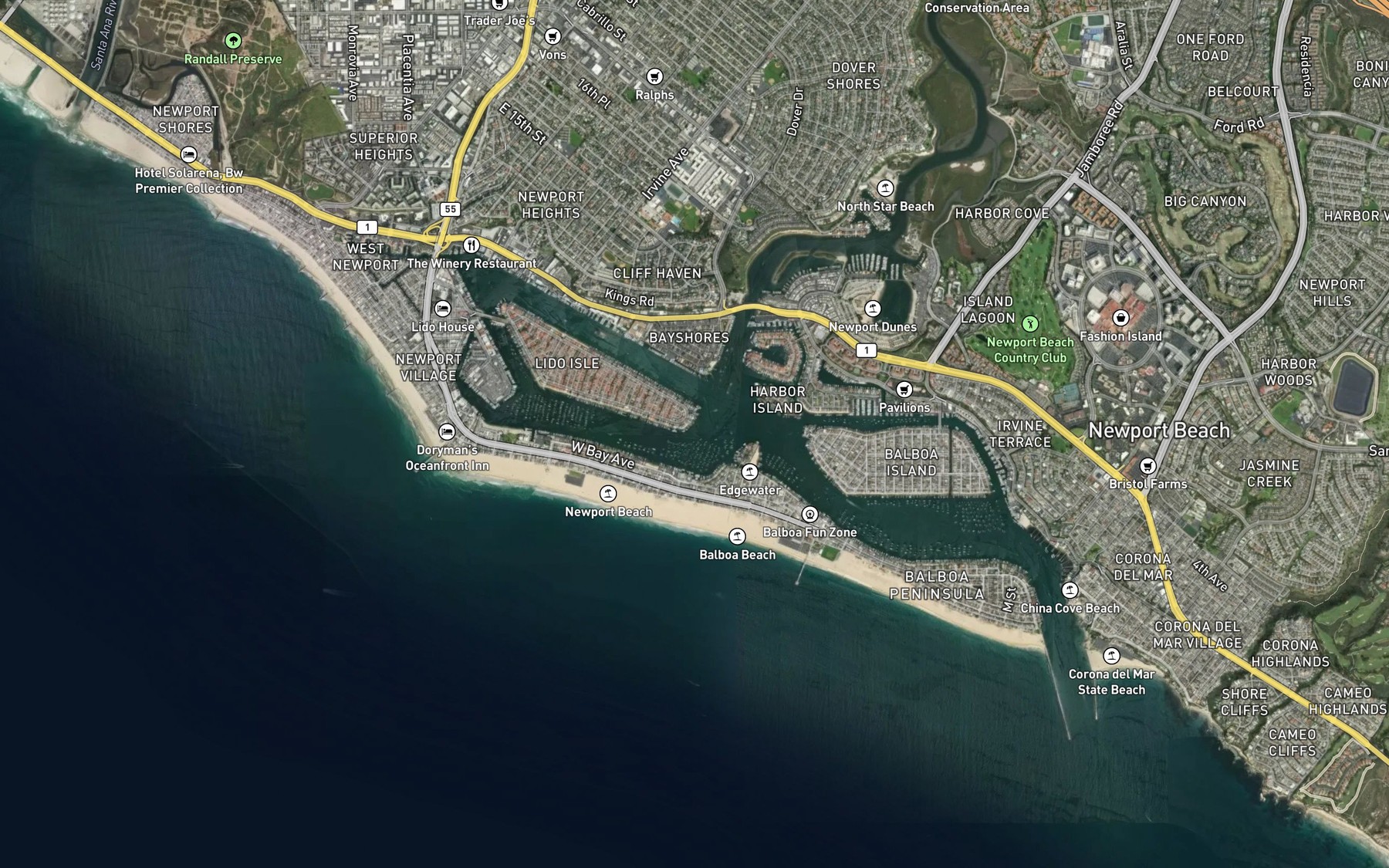 Satellite map of the Newport Bay