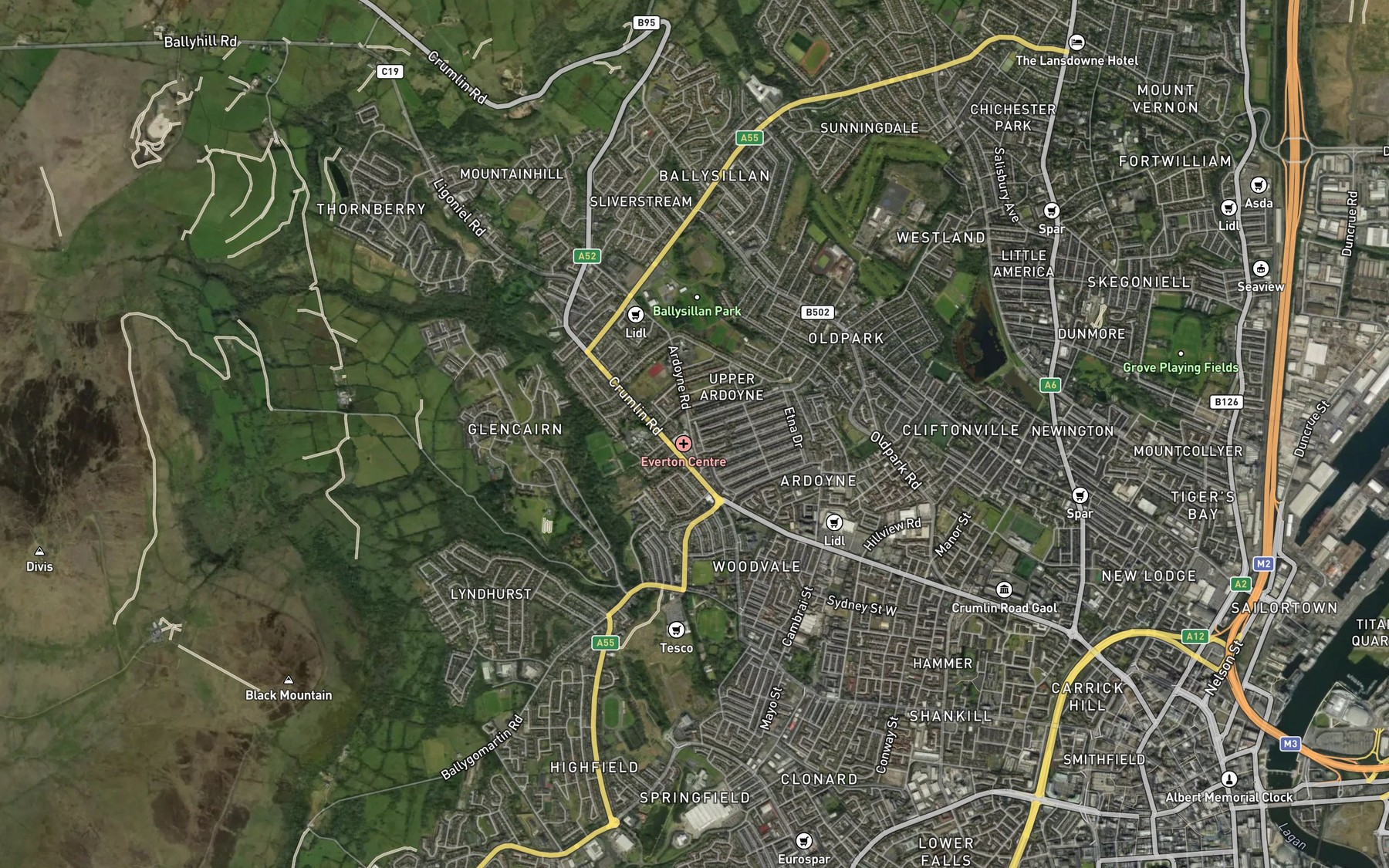 Satellite map of the Ballygomartin River