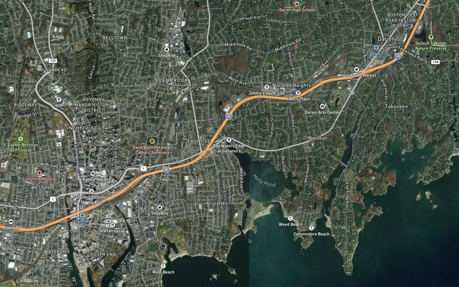 Satellite map of the Noroton River