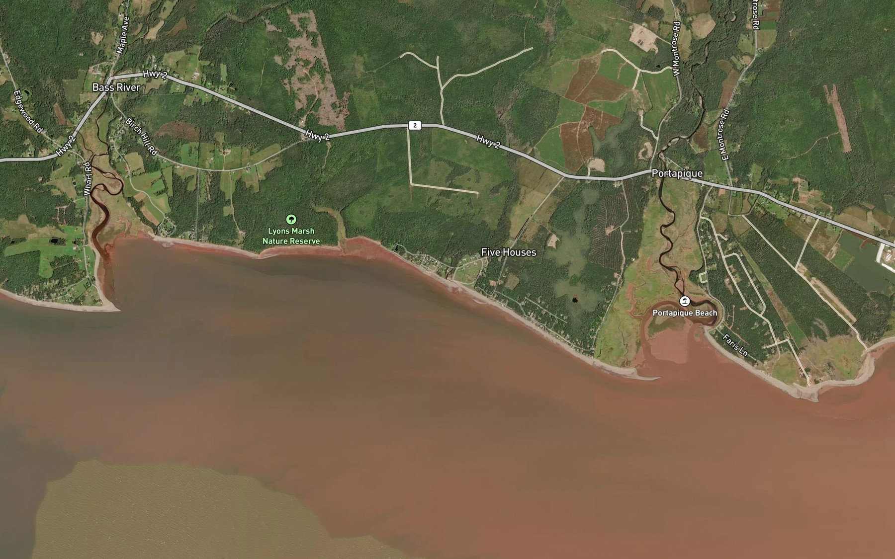 Satellite map of the Five Houses Brook