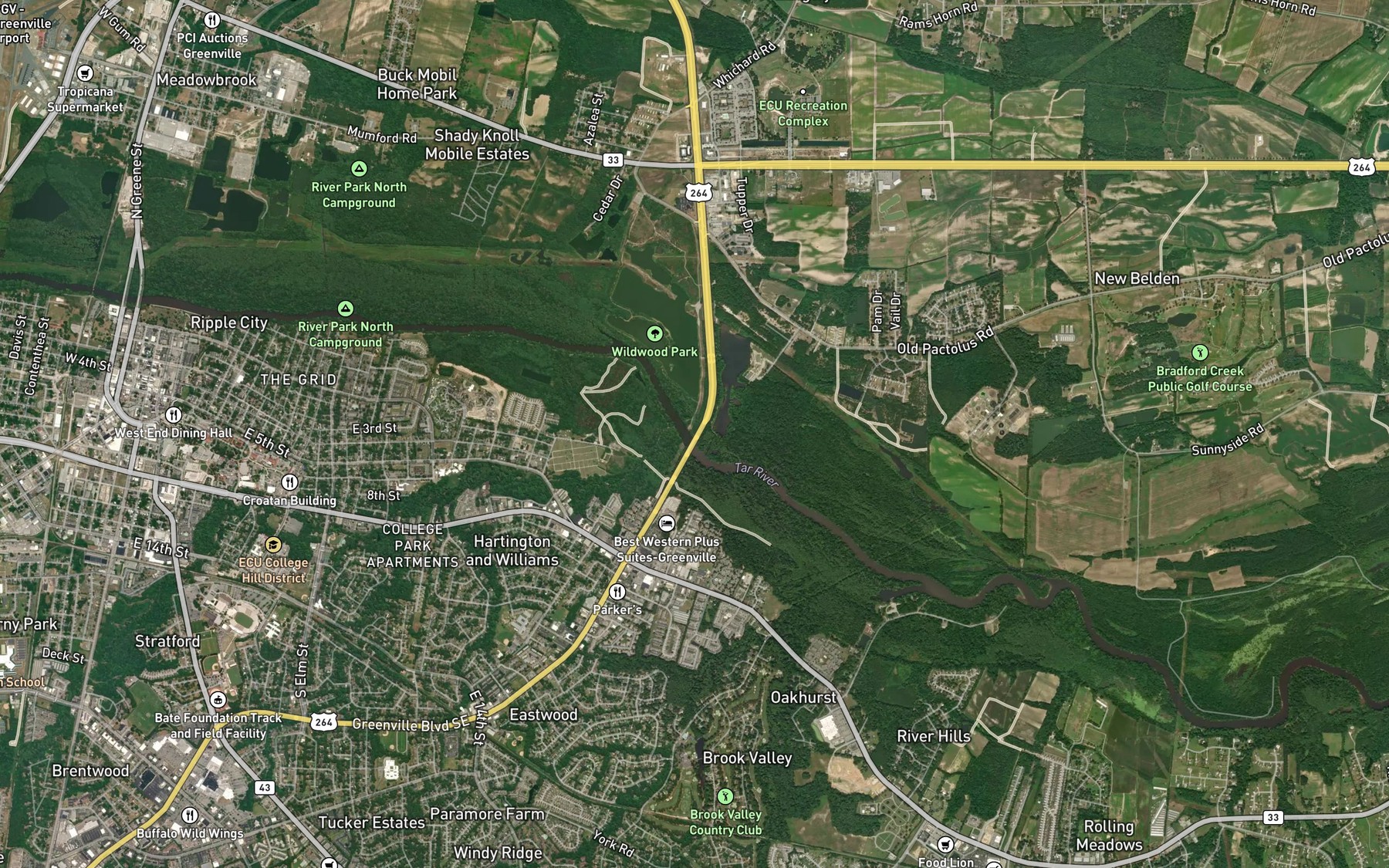 Satellite map of the Greens Mill Run
