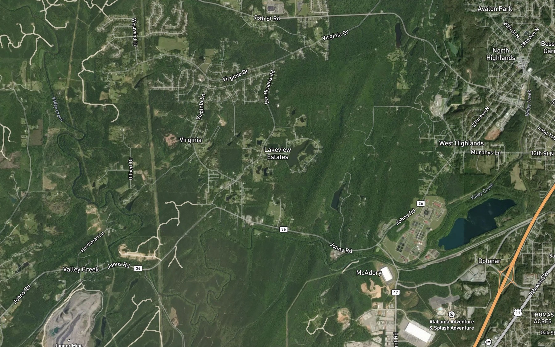 Satellite map of the Lake View Estates Lakes