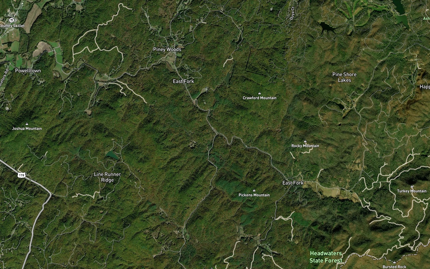 Satellite map of the Glady Fork