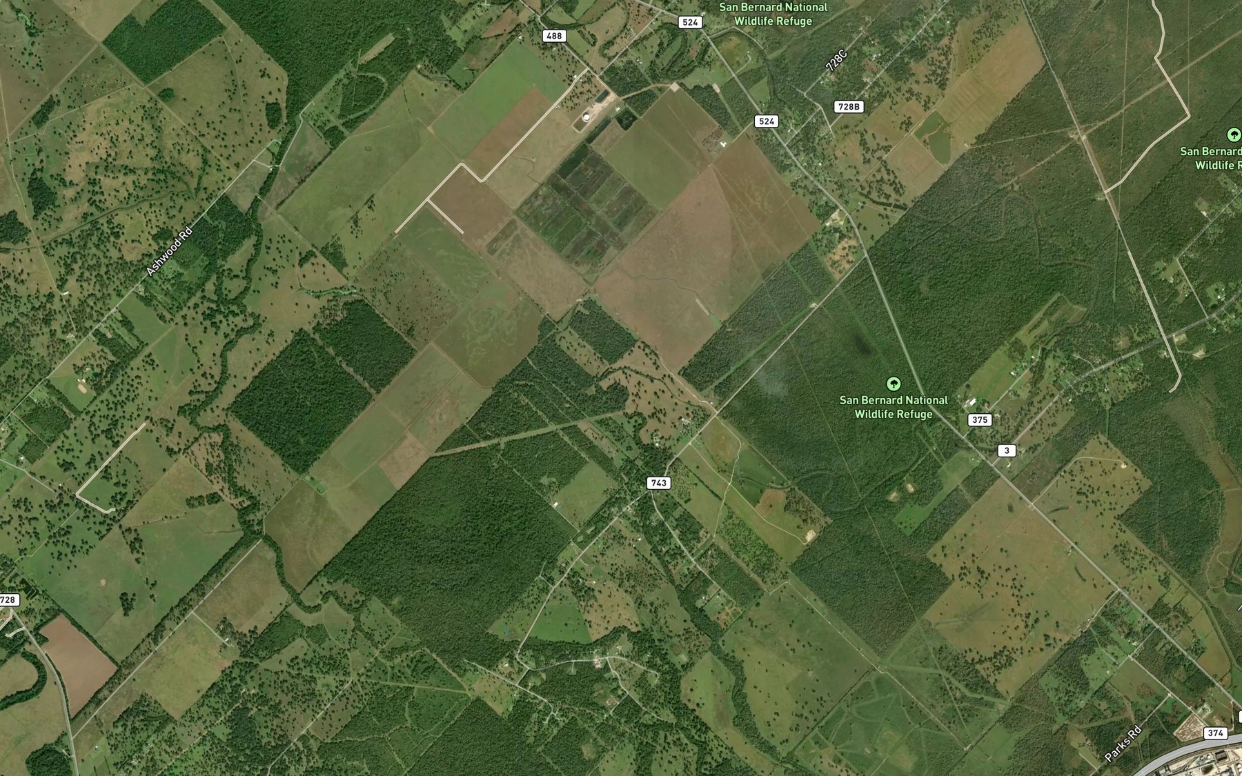 Satellite map of the Dance Bayou