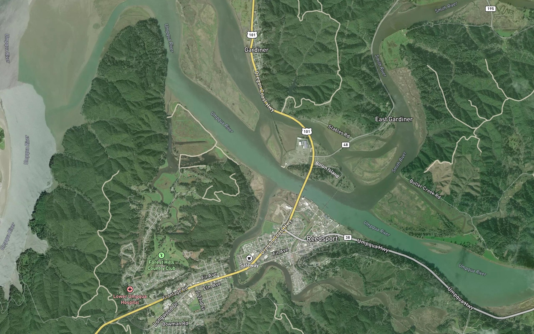 Satellite map of the Umpqua River