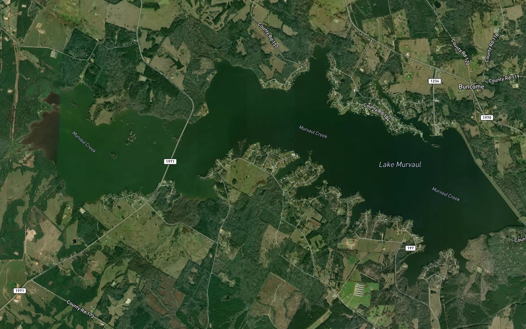 Satellite map of the Murvaul Bayou Reservoir
