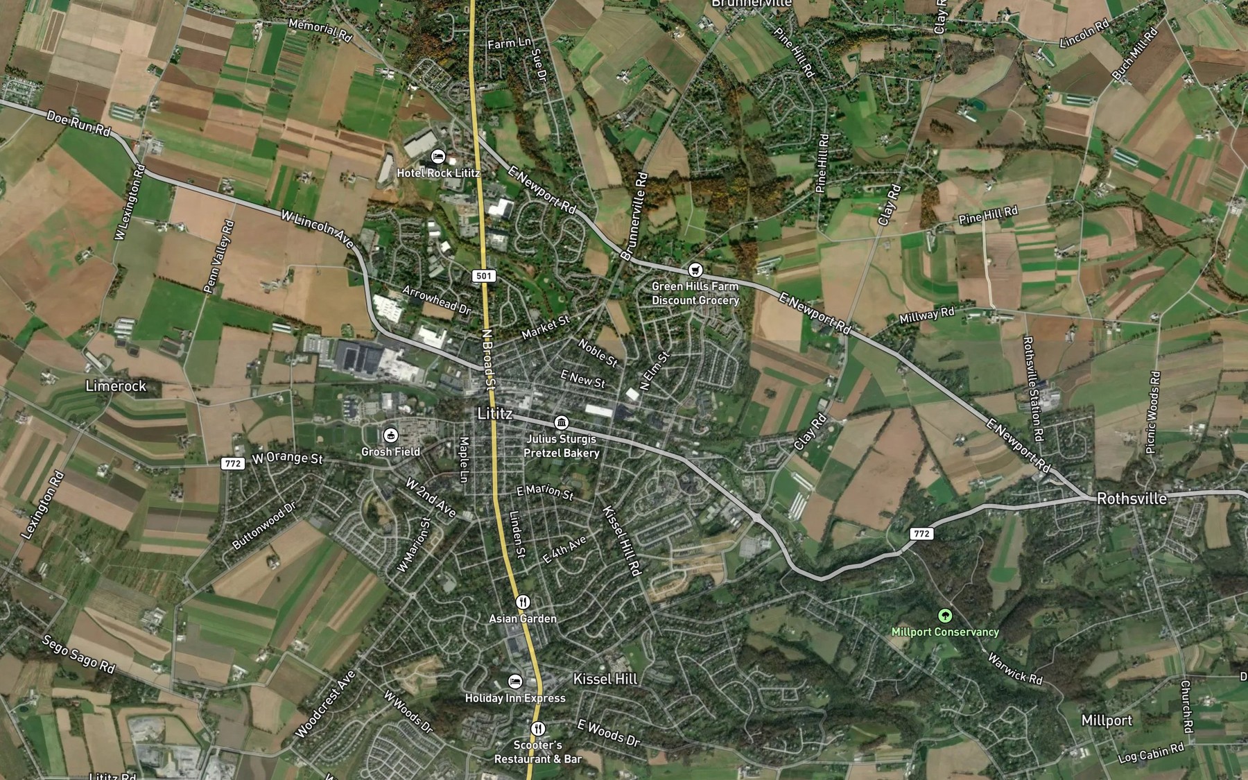 Satellite map of the Hubers Run