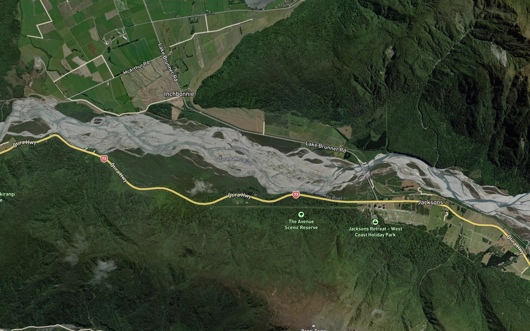 Satellite map of the Taramakau River