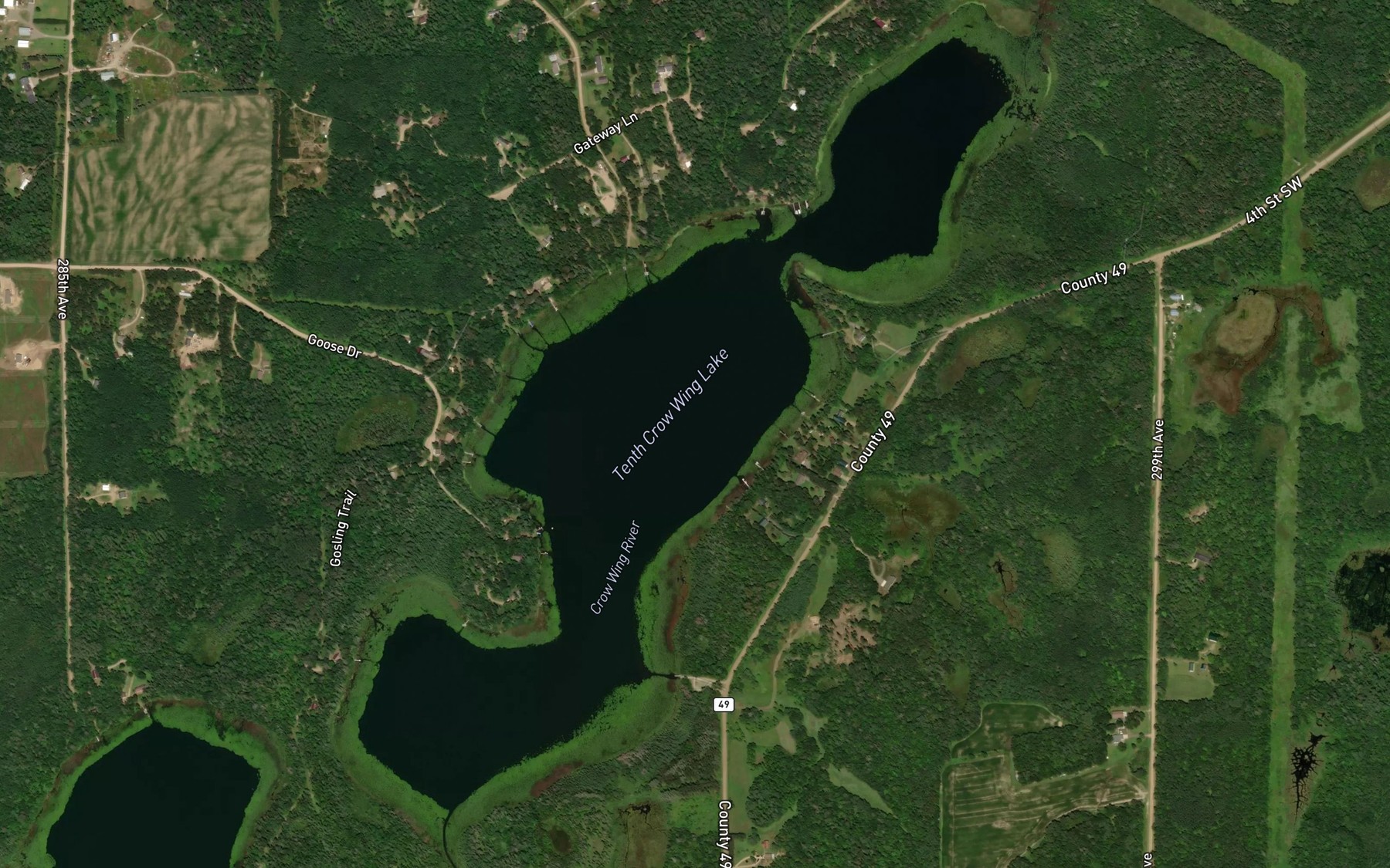 Satellite map of the Tenth Crow Wing Lake
