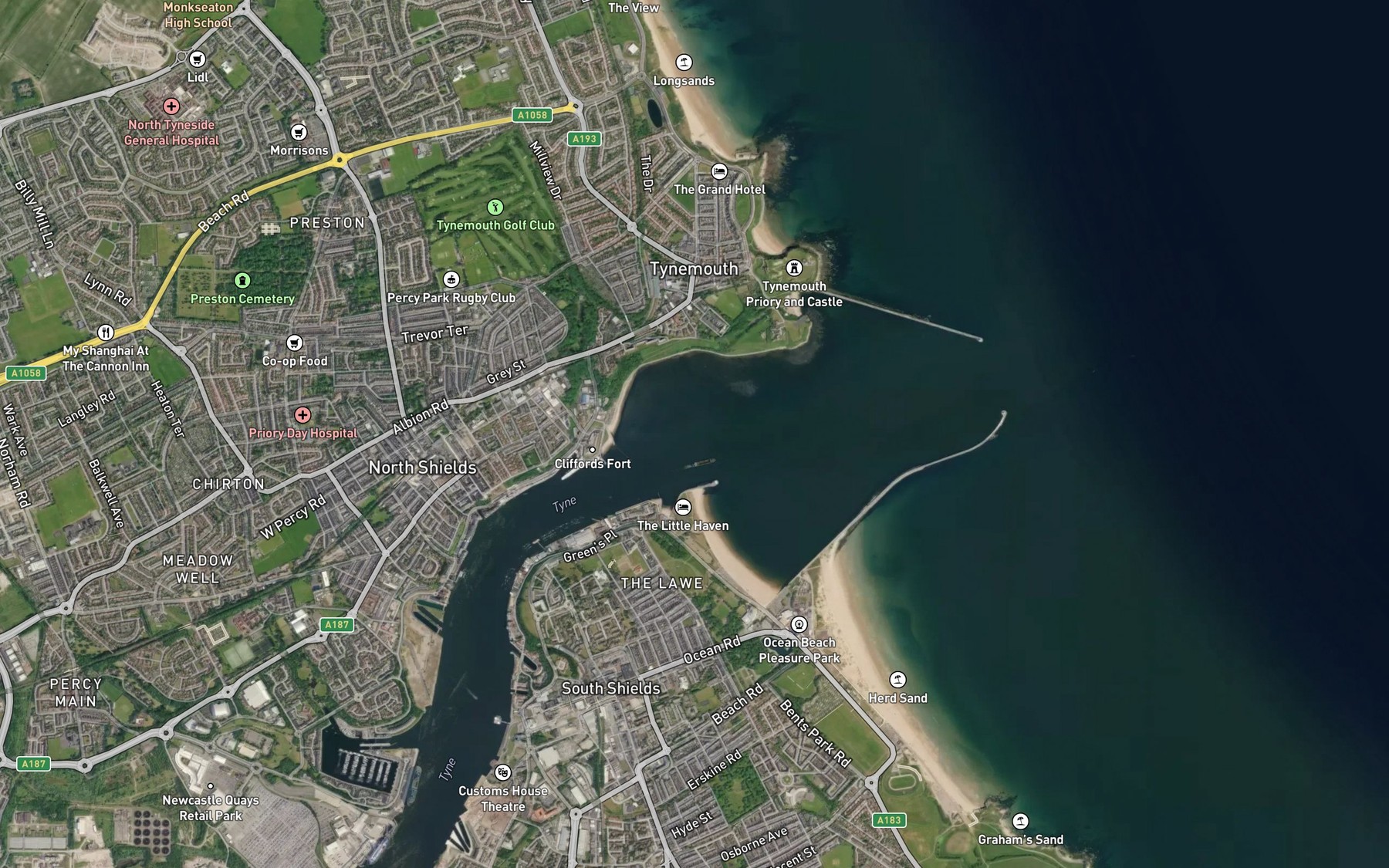 Satellite map of the River Tyne