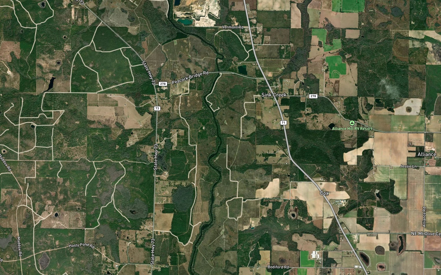 Satellite map of the May Mill Creek