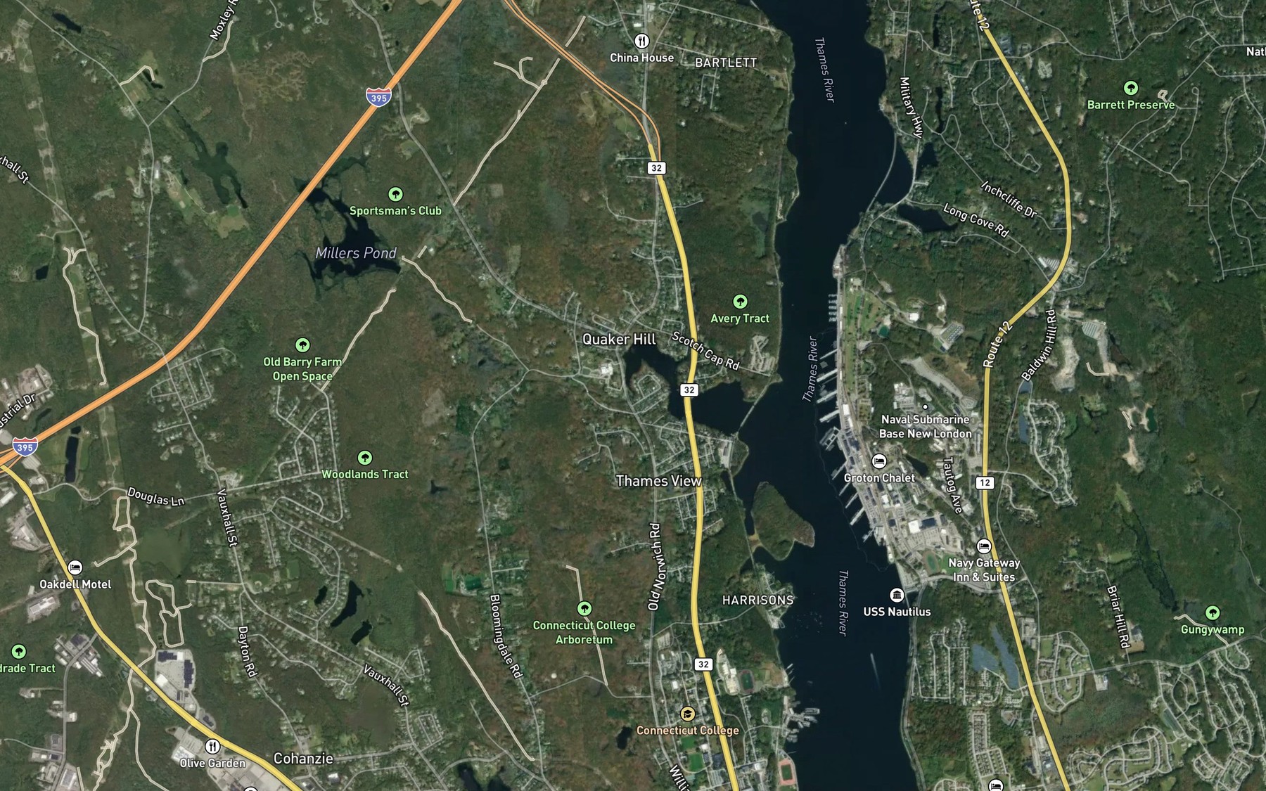 Satellite map of the Hunts Brook