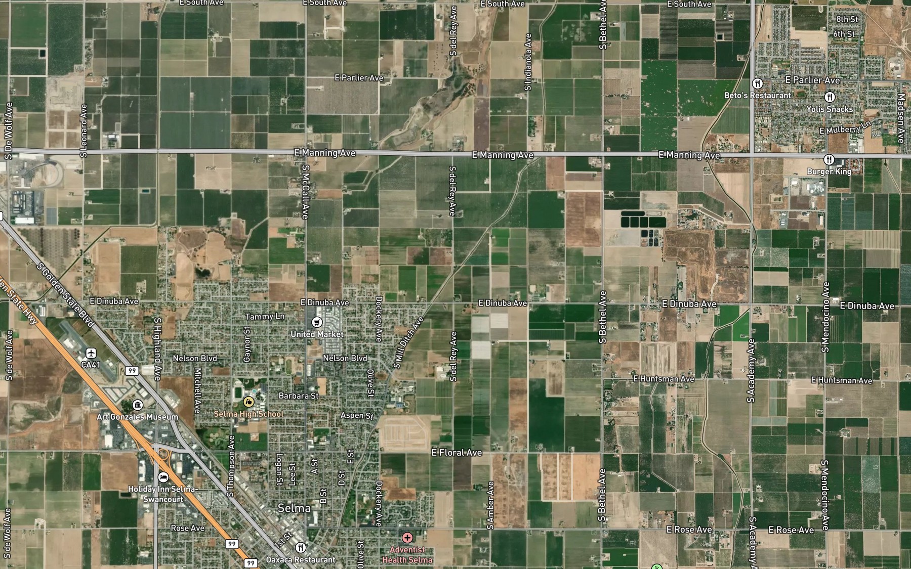Satellite map of the Centerville and Kingsburg Canal