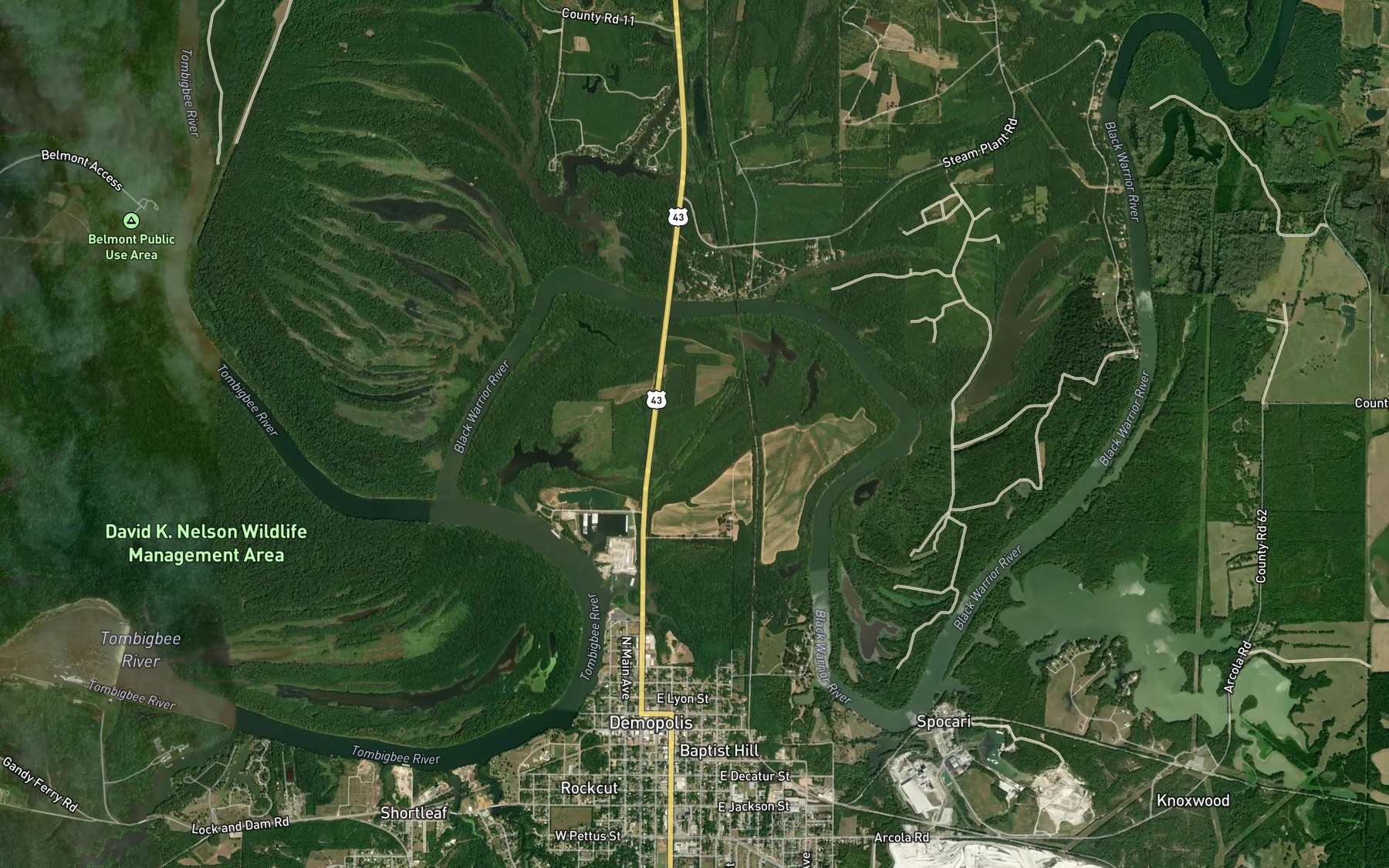 Satellite map of the Webbs Bend
