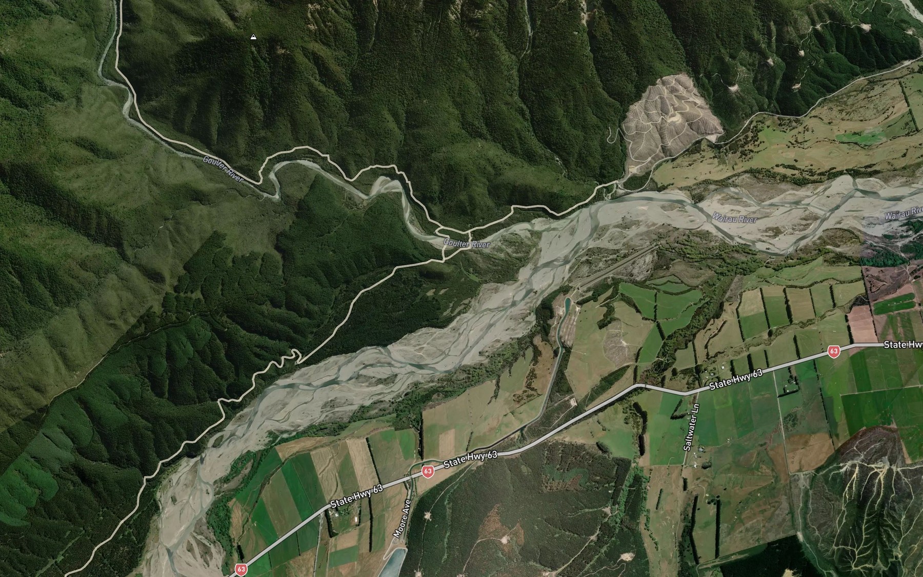 Satellite map of the Wairau River