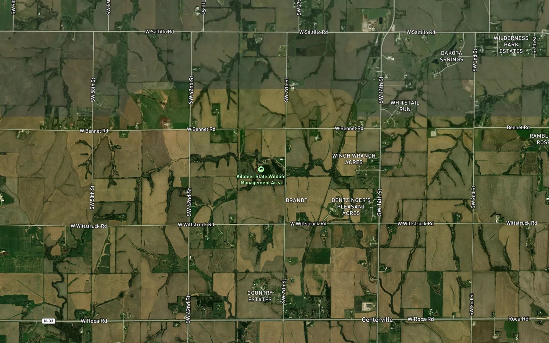 Satellite map of the Killdeer Lake