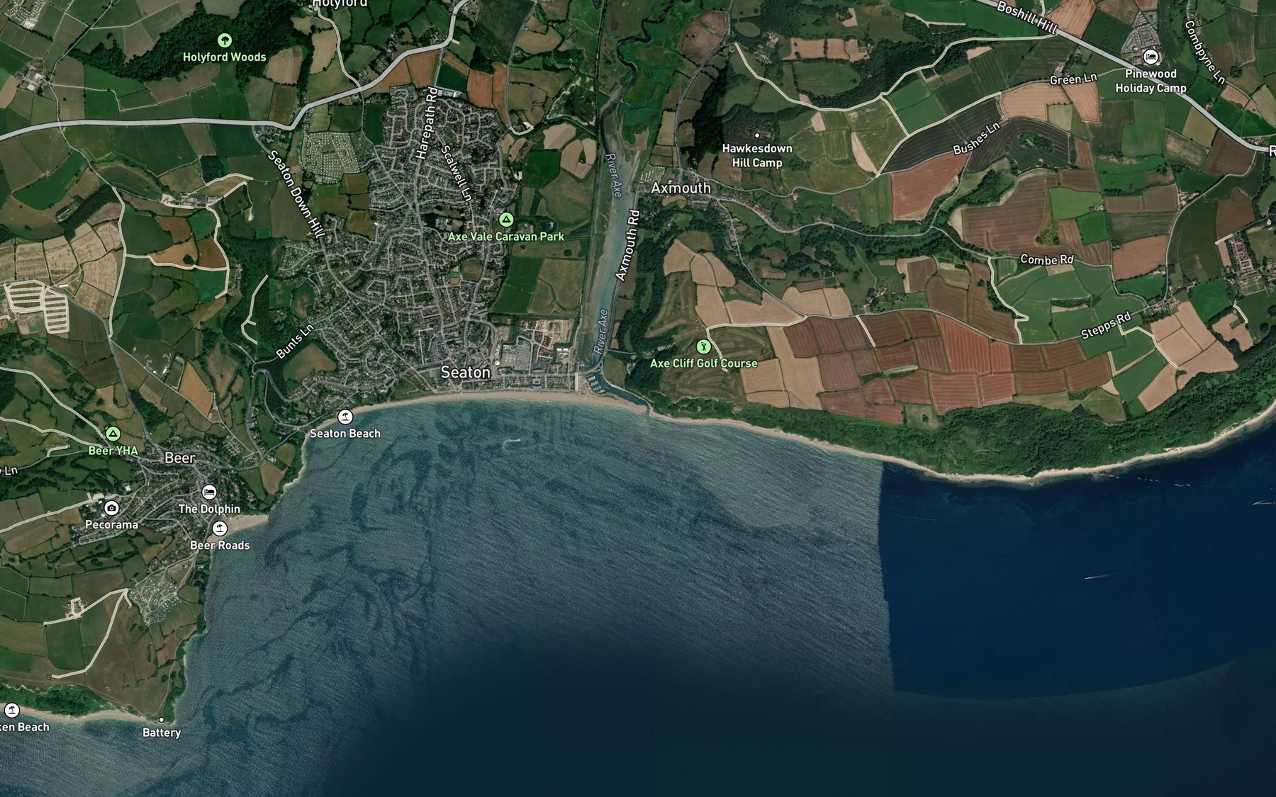 Satellite map of the River Axe