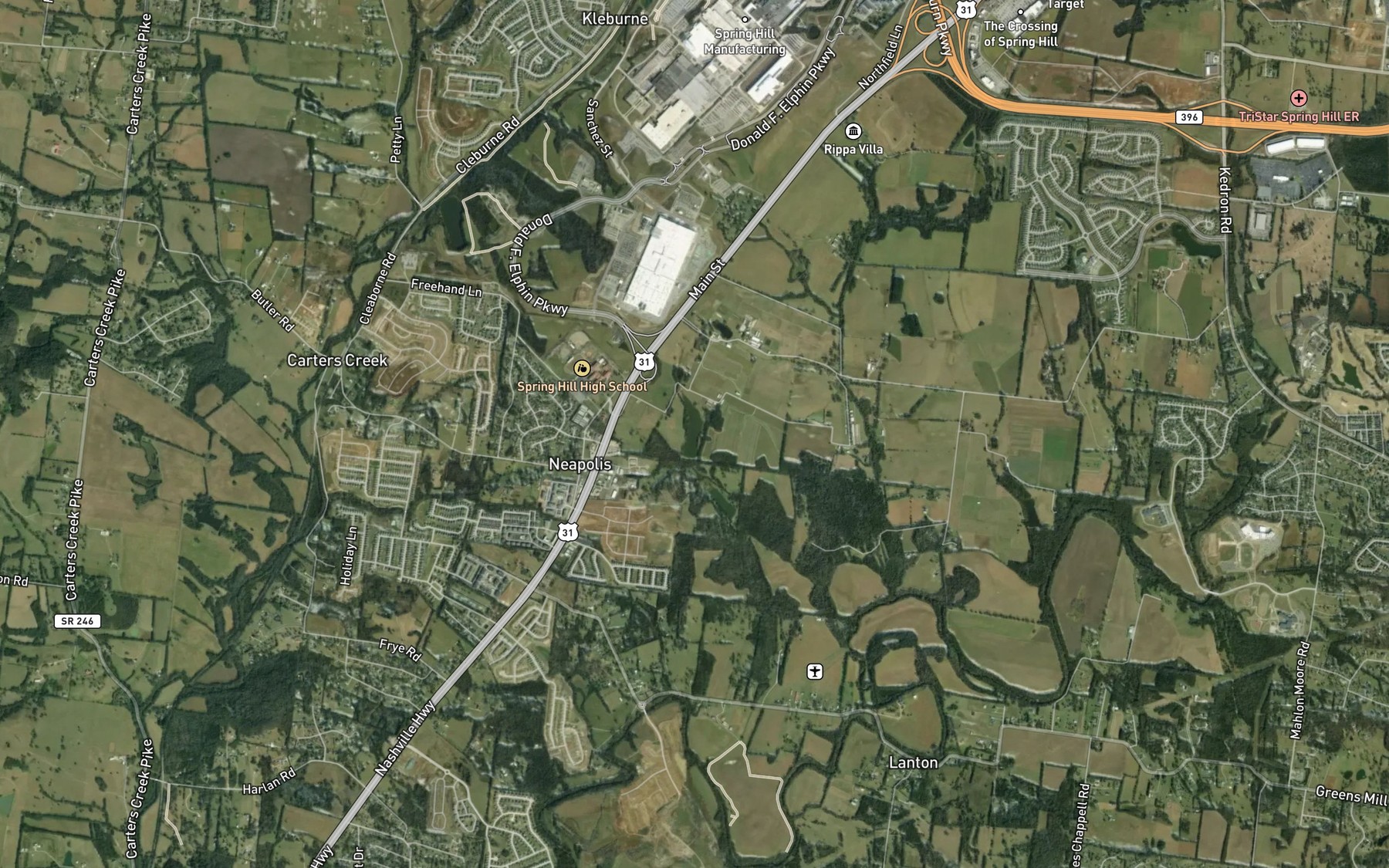 Satellite map of the University of Tennessee Experimental Farm Lake