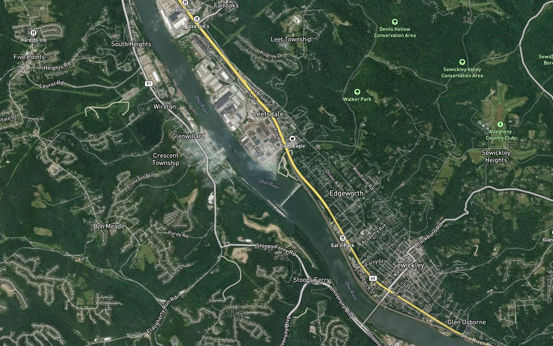 Satellite map of the Little Sewickley Creek
