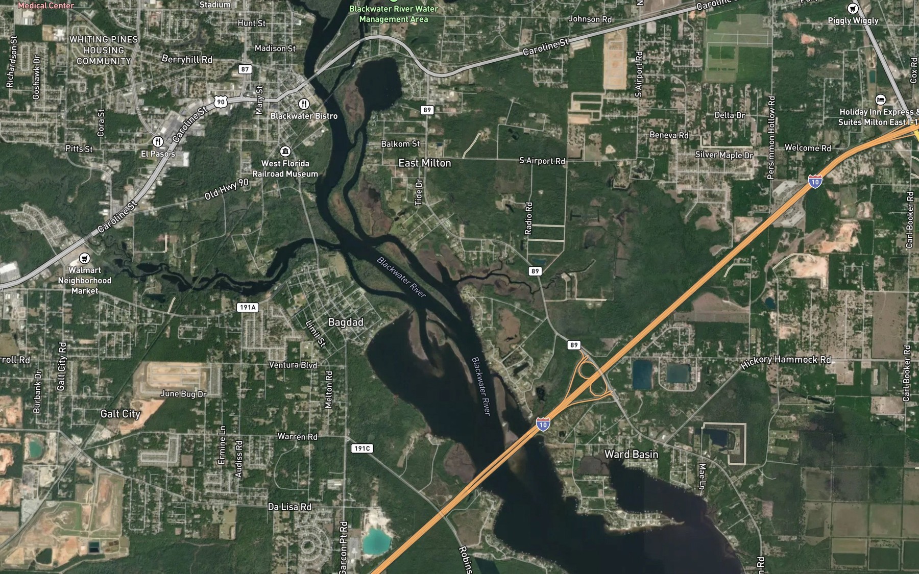 Satellite map of the Pelican Bayou