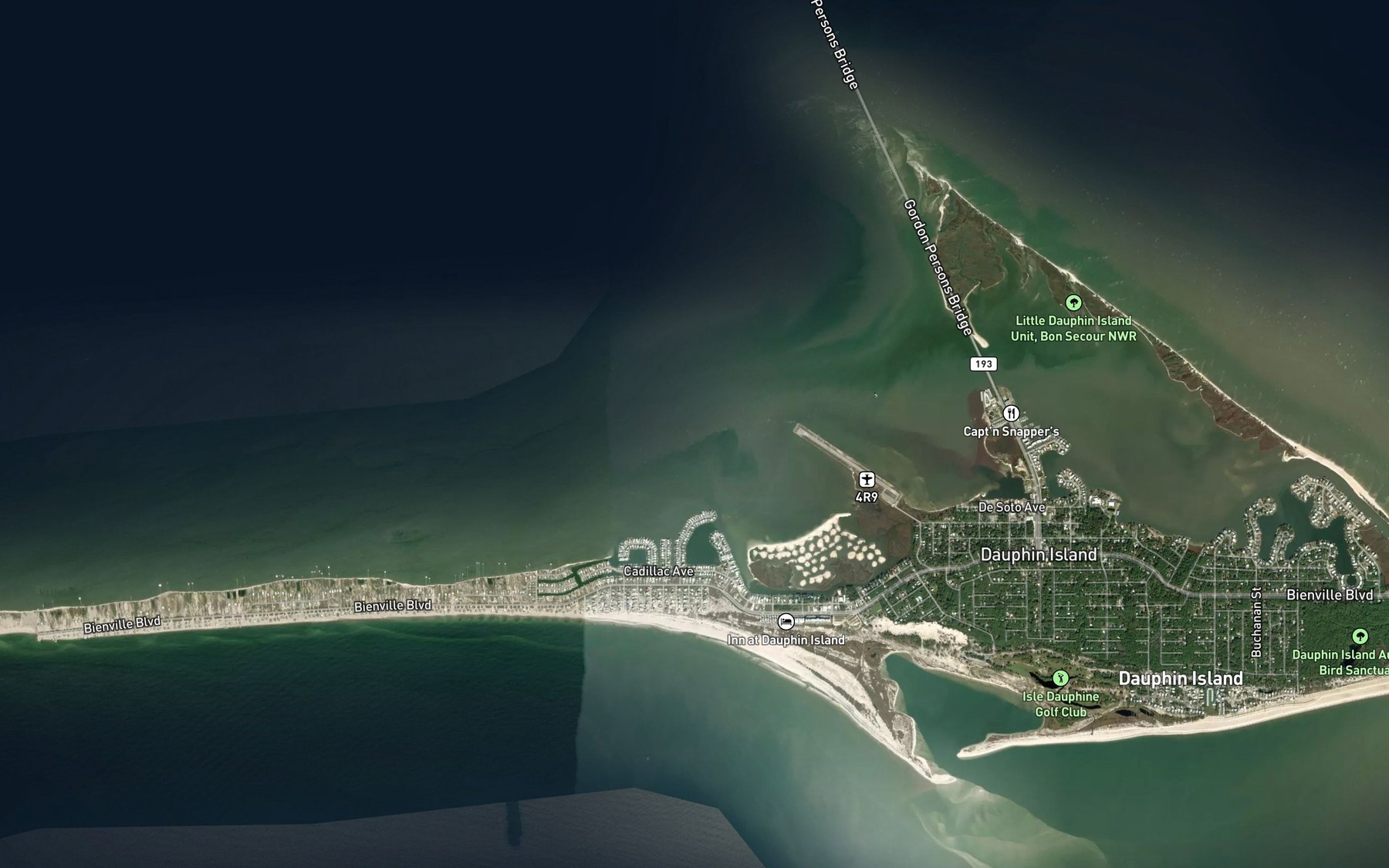 Satellite map of the Bayou Heron Channel
