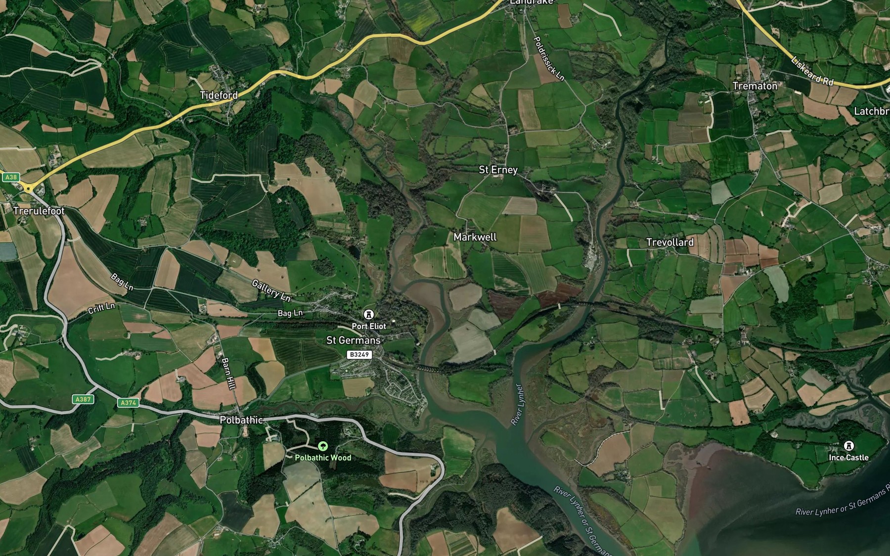 Satellite map of the River Tiddy