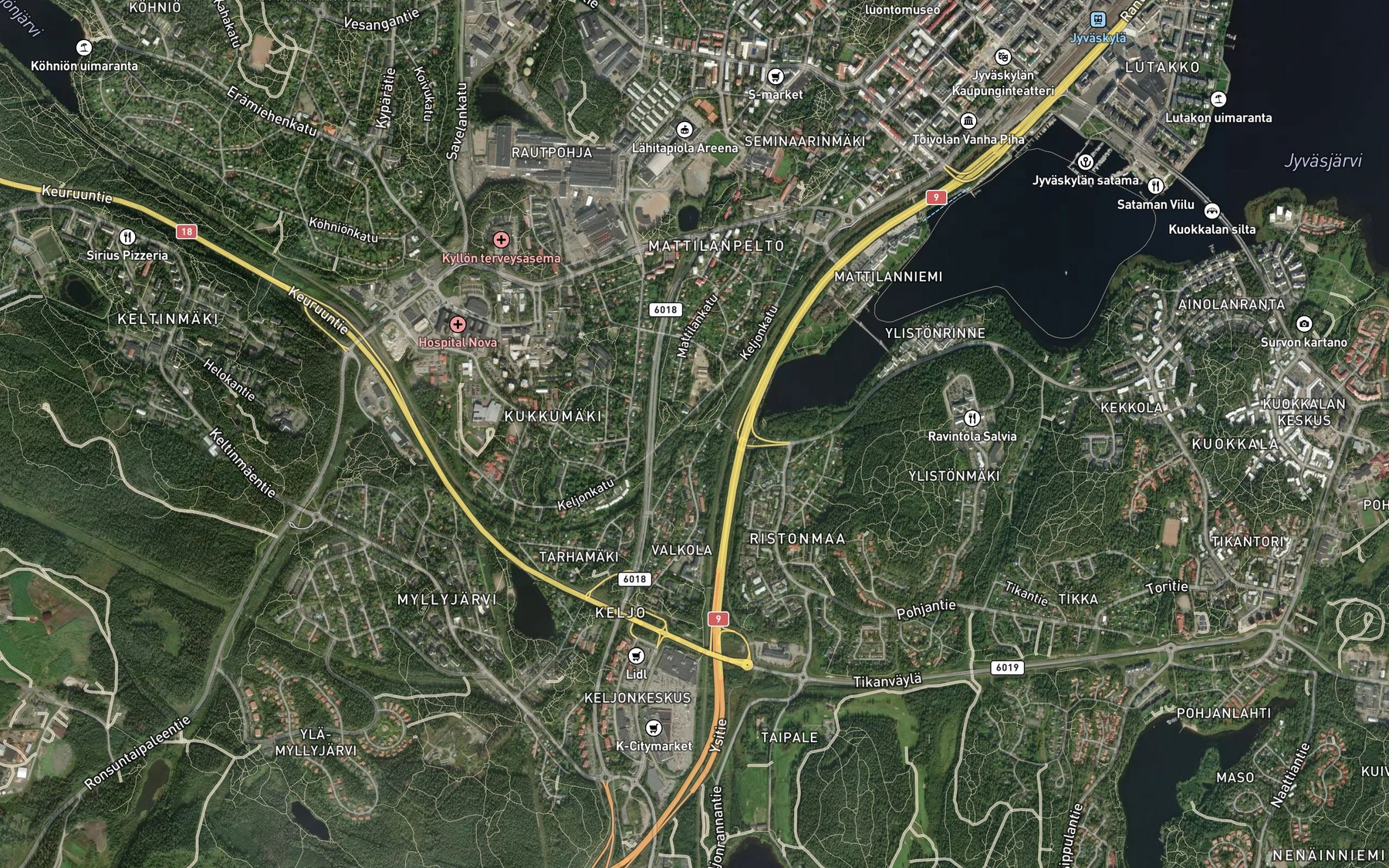 Satellite map of the Korkeakoski waterfalls