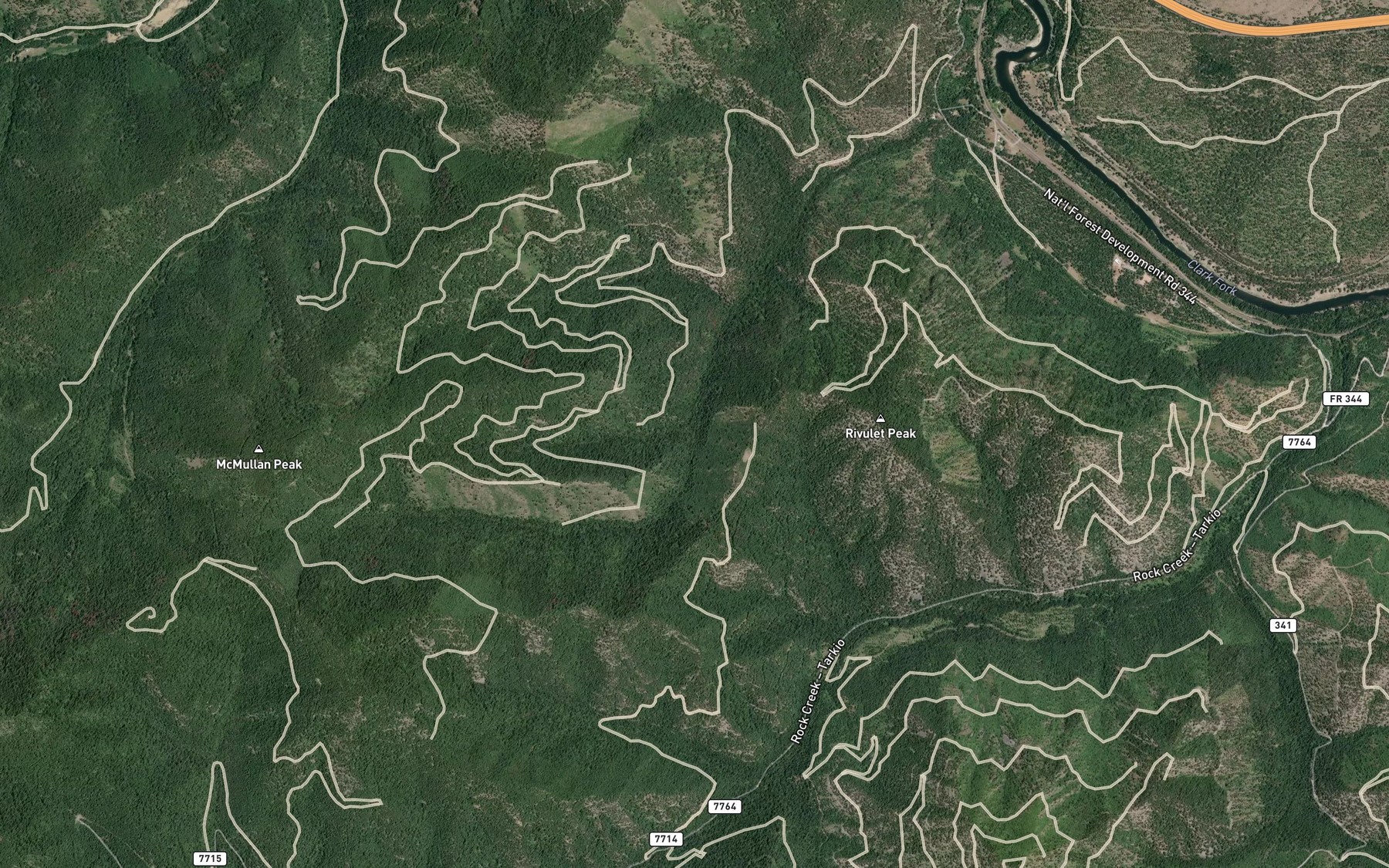 Satellite map of the Tanglefoot Creek