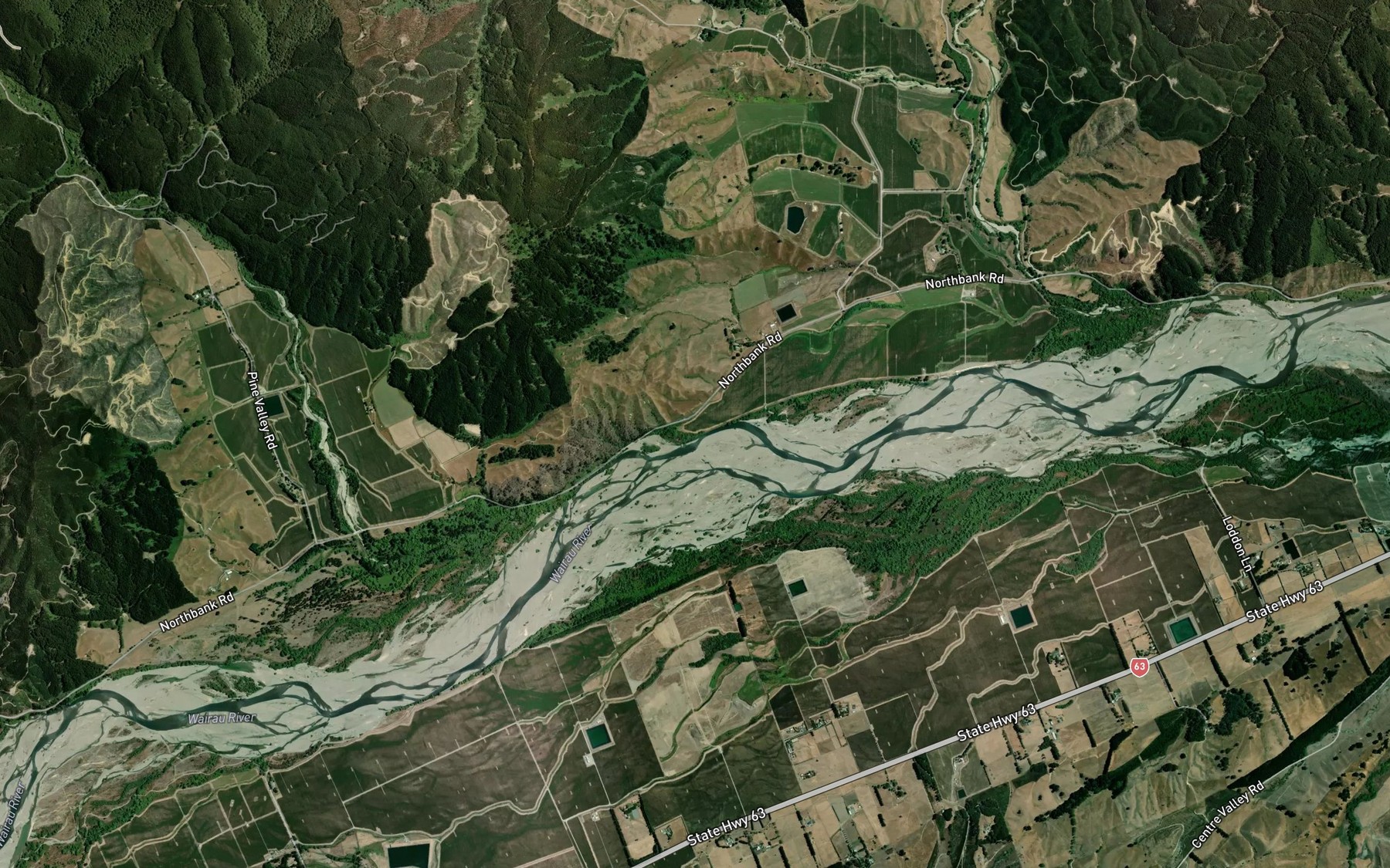 Satellite map of the Wairau River