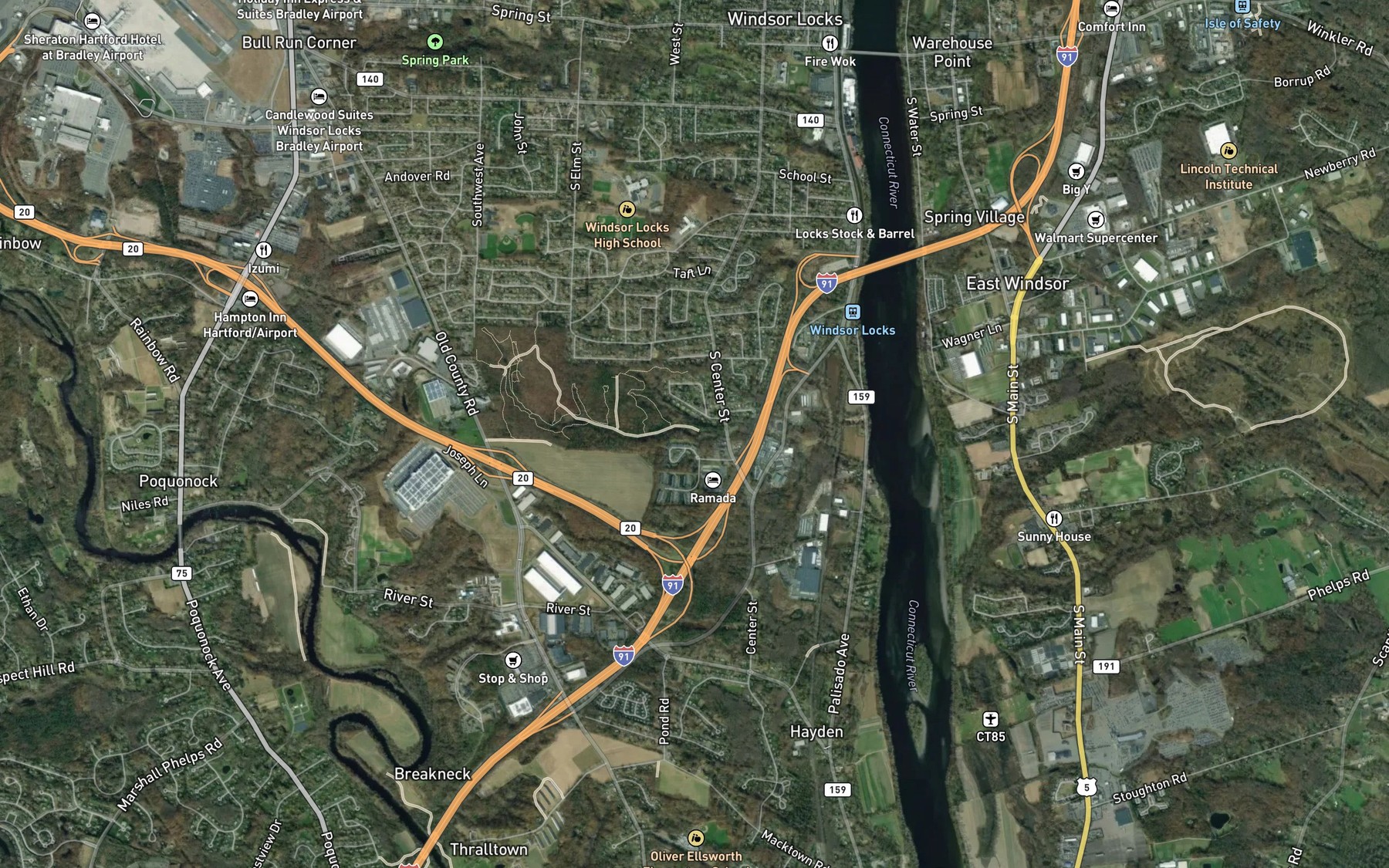 Satellite map of the Windsor Locks Reservoir