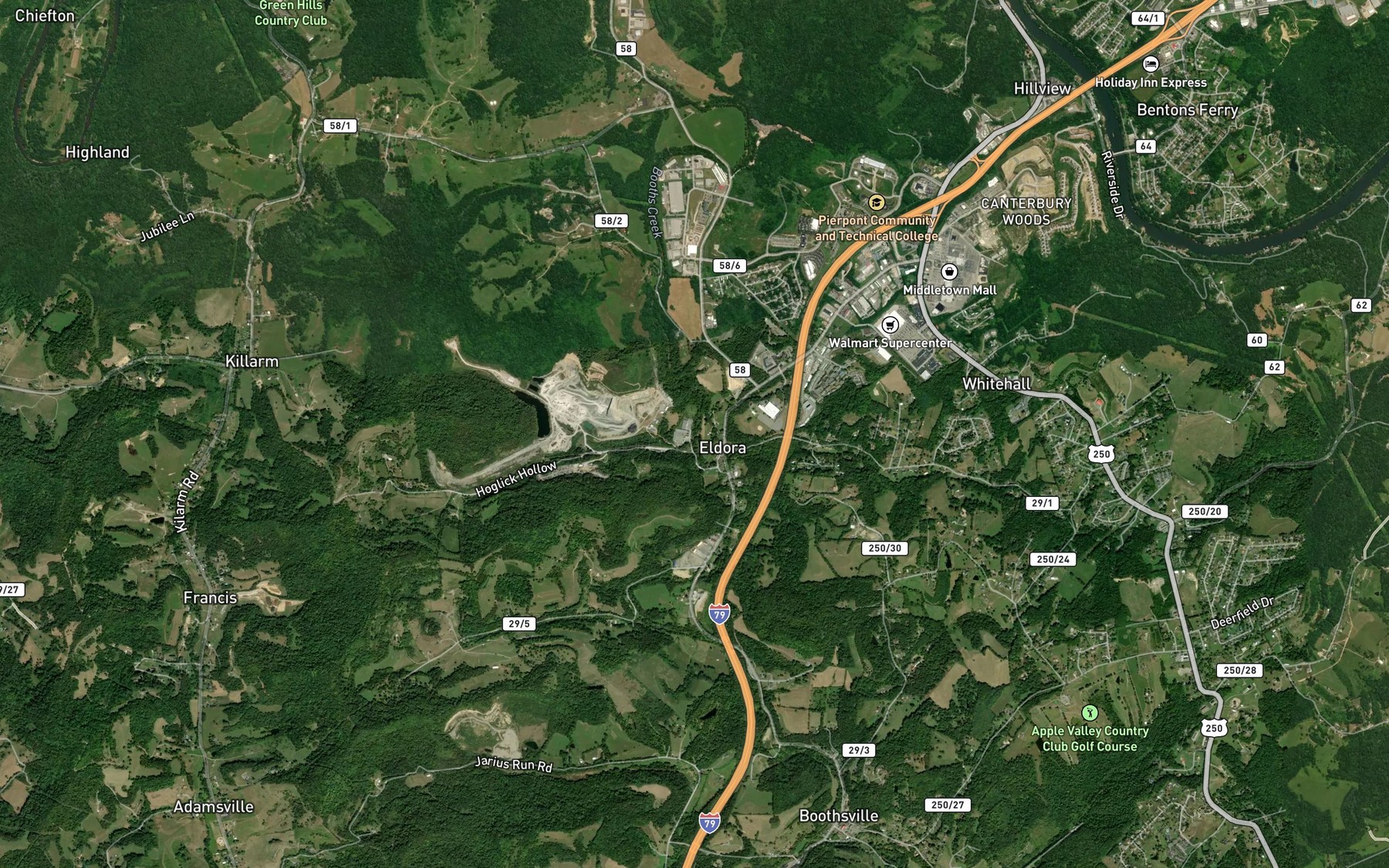 Satellite map of the Hog Lick Run