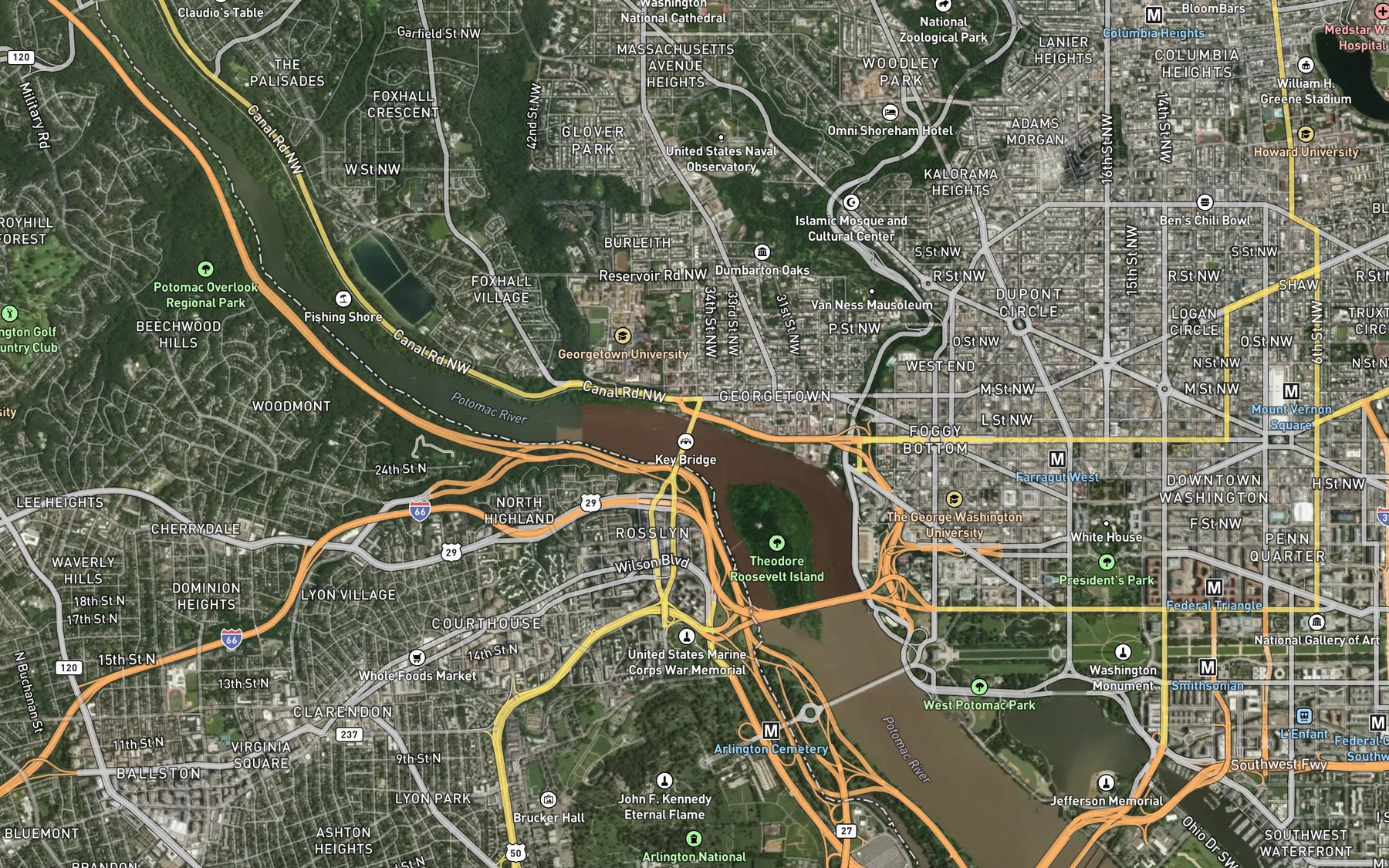 Satellite map of the Potomac Aqueduct (historical)