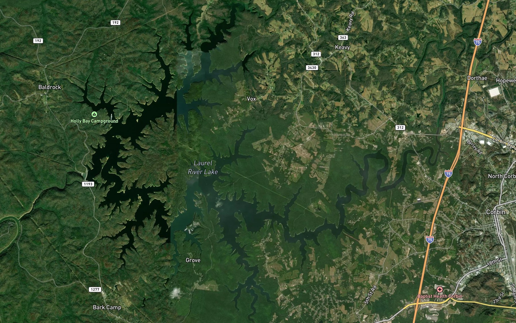 Satellite map of the Laurel River Lake