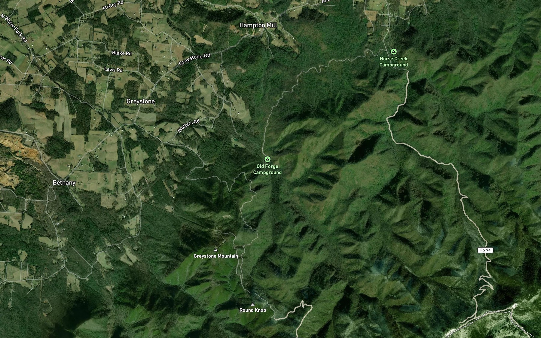 Satellite map of the Round Knob Branch