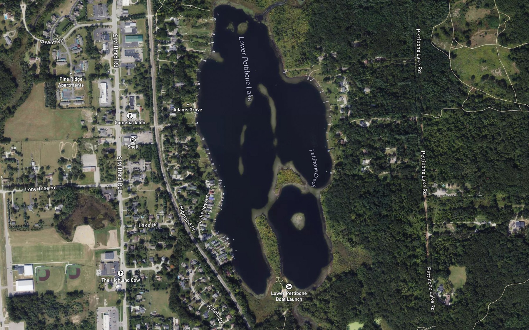 Satellite map of the Lower Pettibone Lake