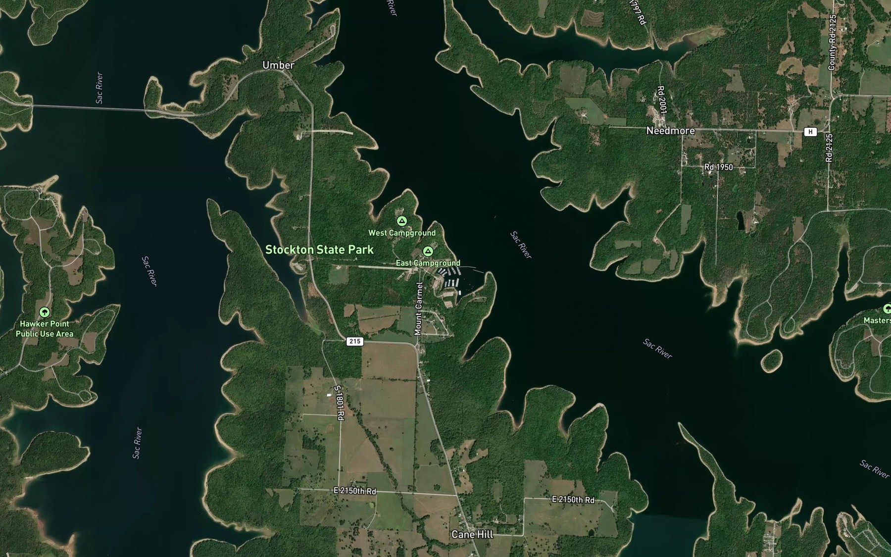 Satellite map of the Stockton State Park Marina
