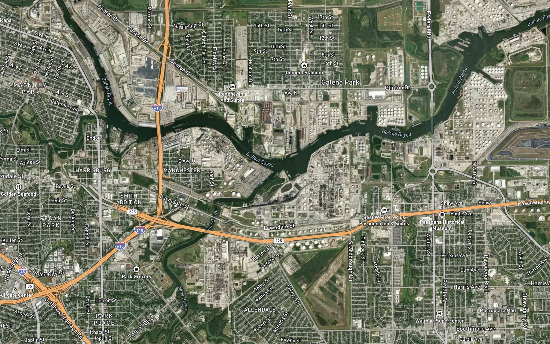 Satellite map of the Sims Bayou