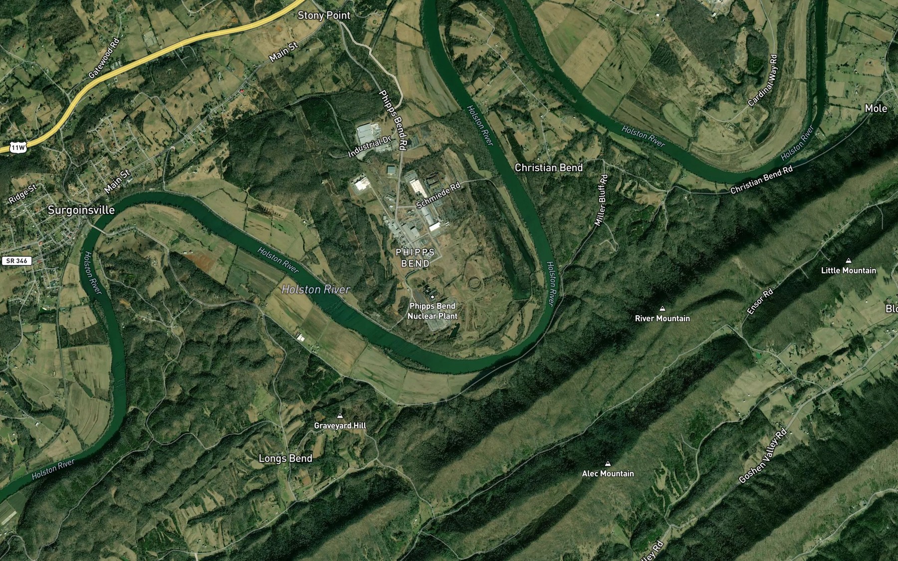 Satellite map of the Phipps Bend
