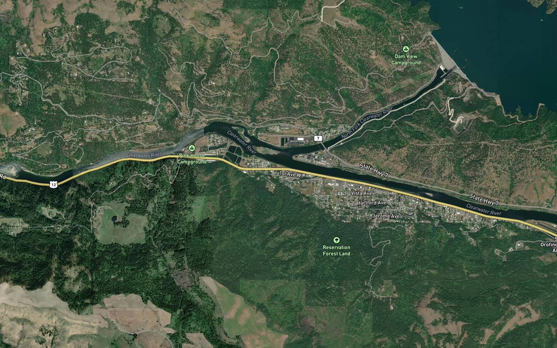 Satellite map of the North Fork Clearwater River