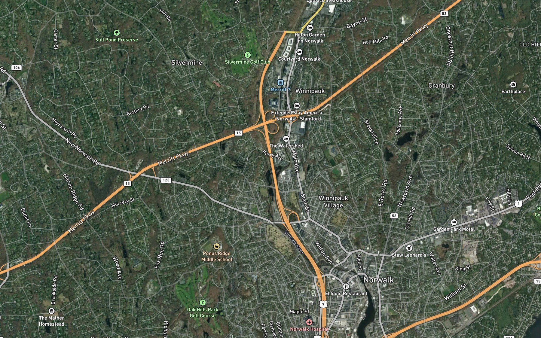 Satellite map of the Silvermine River