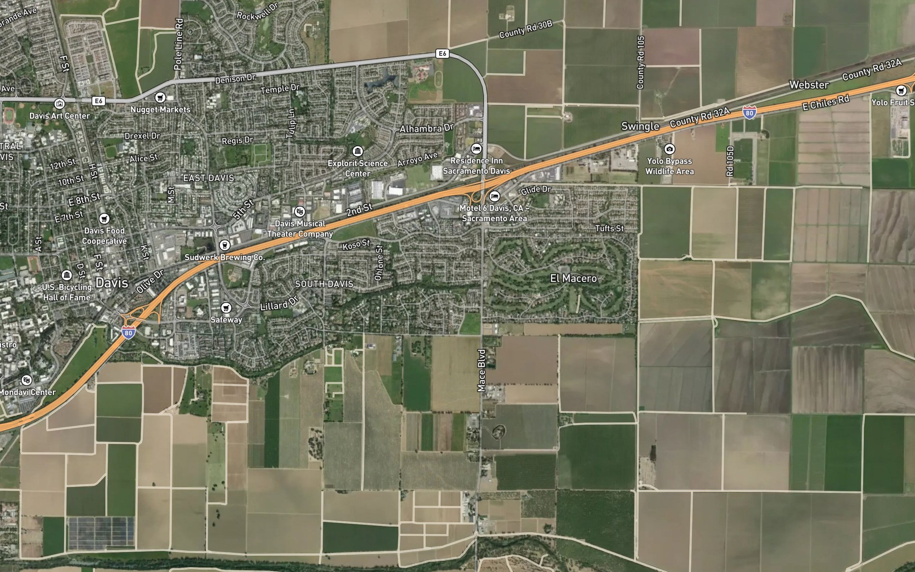 Satellite map of the Putah Creek