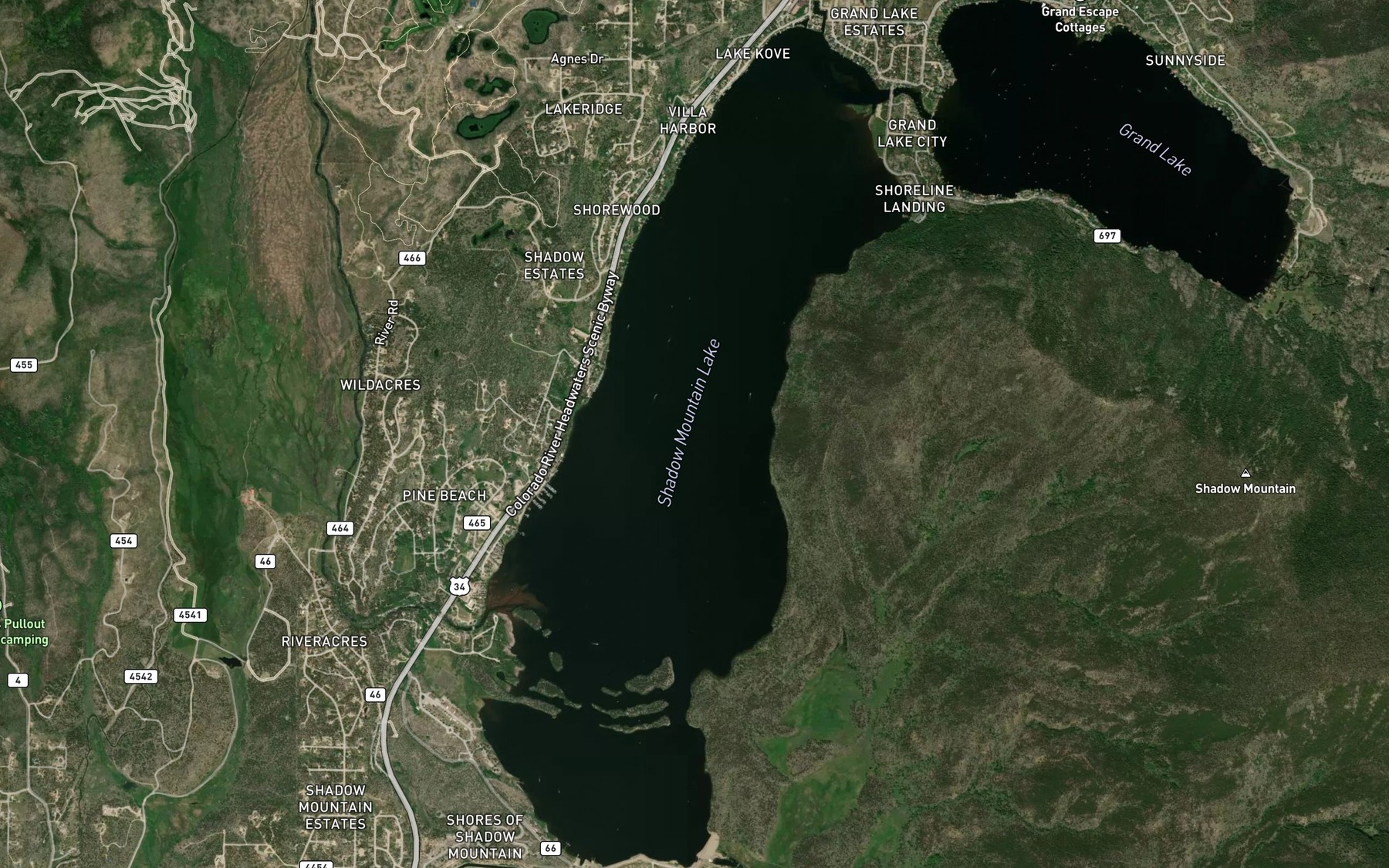 Satellite map of the Shadow Mountain Lake