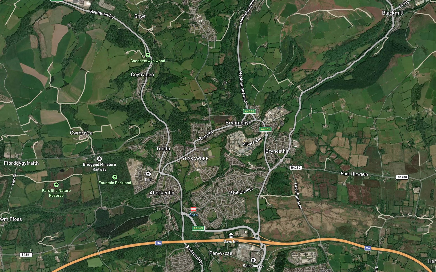Satellite map of the Llynfi River