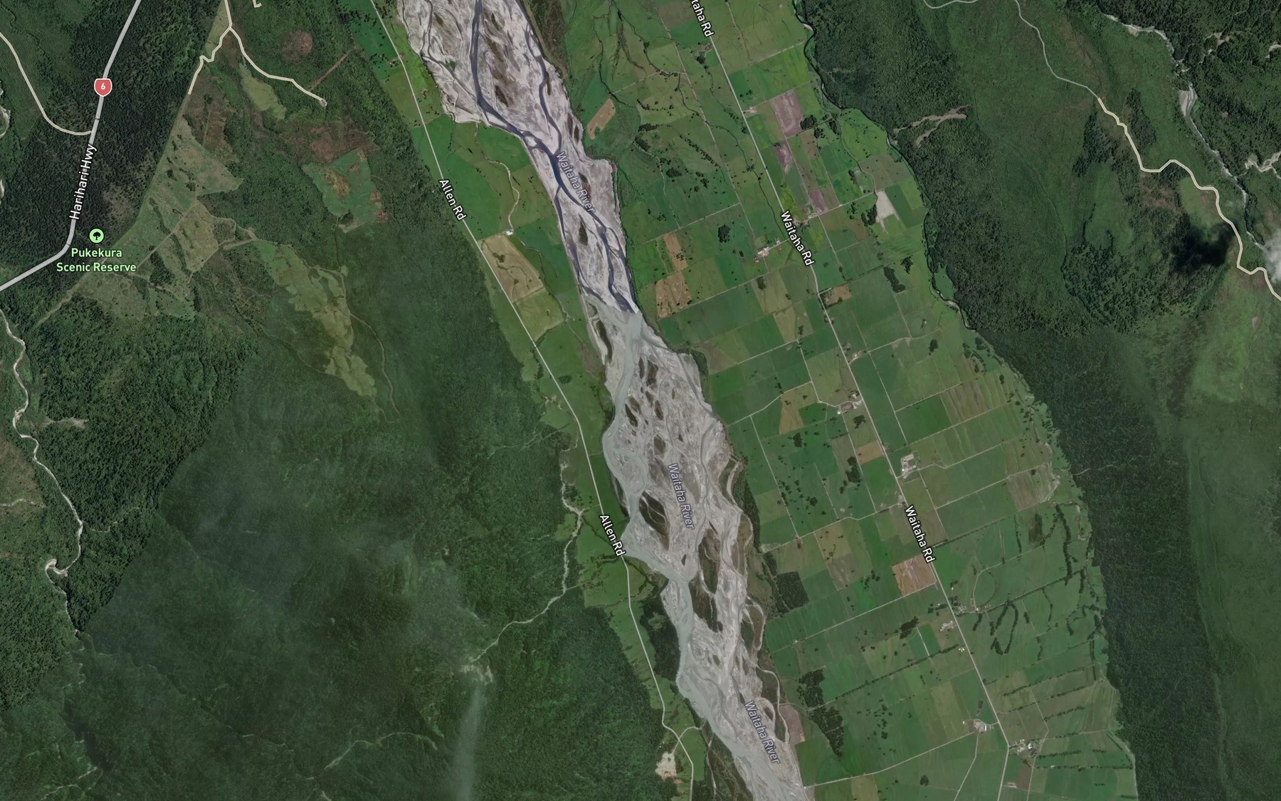 Satellite map of the Waitaha River