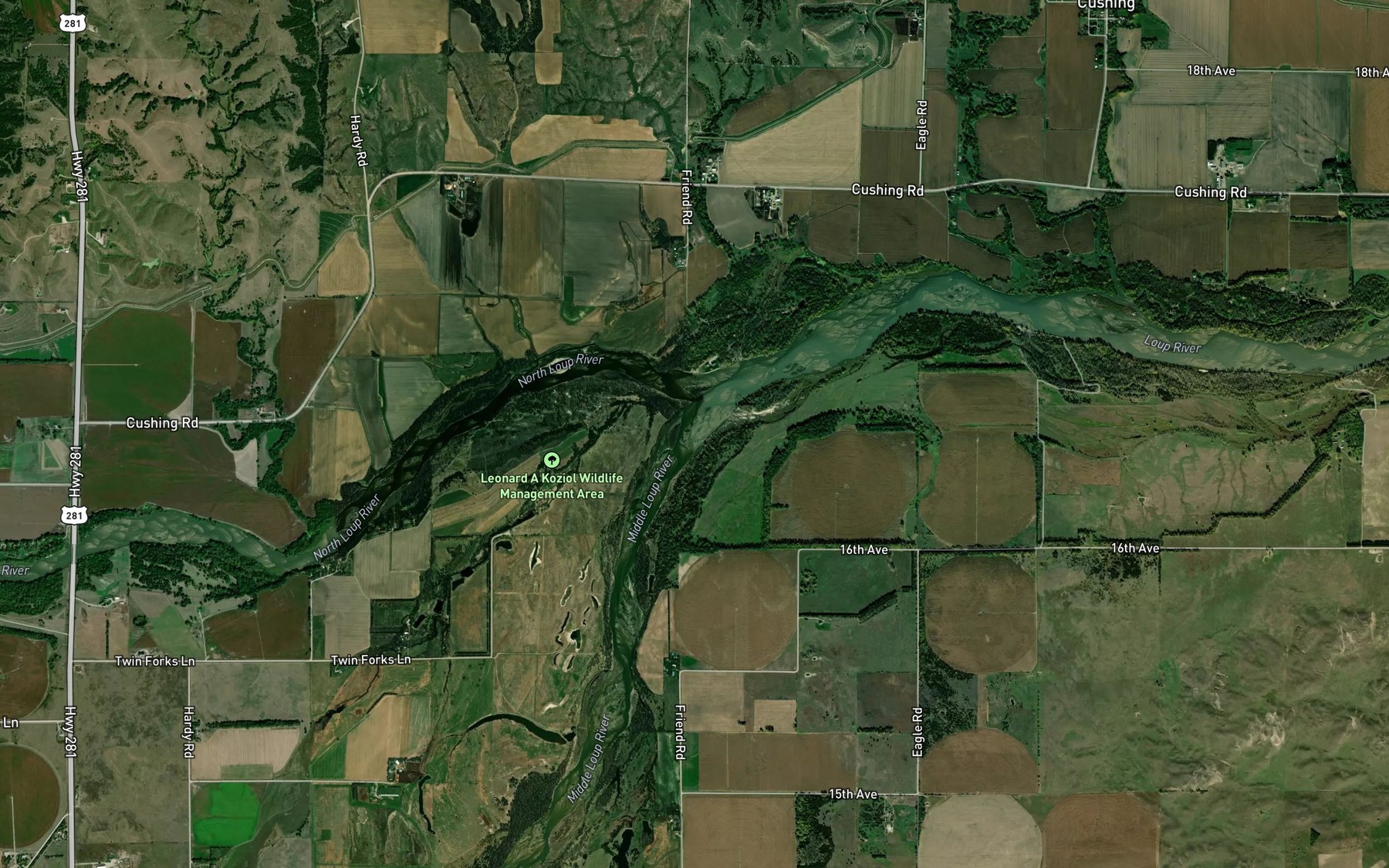 Satellite map of the North Loup River