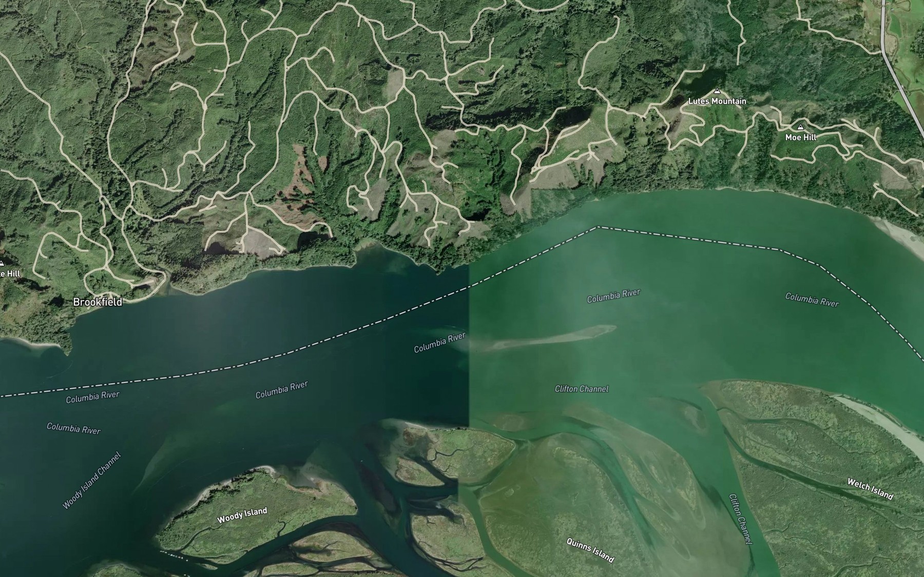 Satellite map of the Welch Island Reach